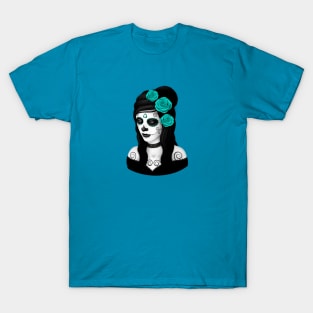 Day of the Dead Girl with Teal Blue Roses T-Shirt